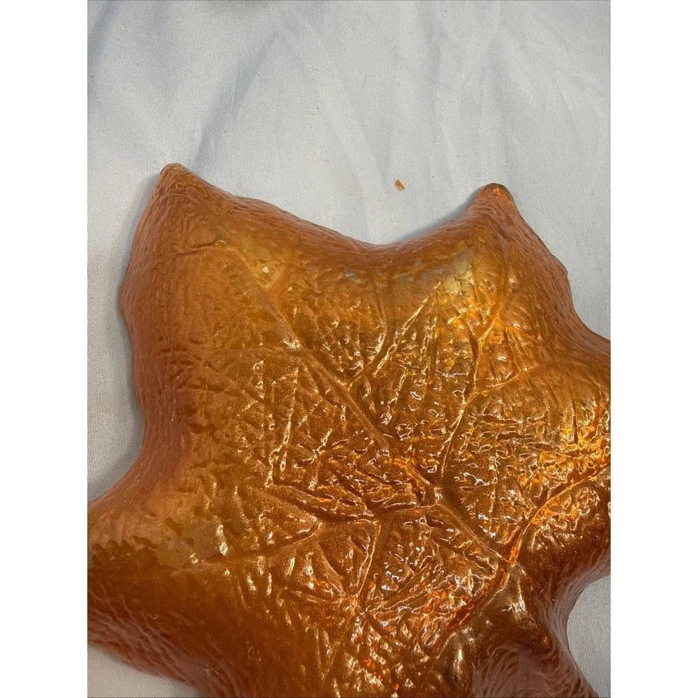 Vintage Iridescent Marigold Art Glass Maple Leaf Dish Candy Bowl Fall Decor